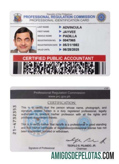 Exemplo de carteira de identidade profissional das Filipinas